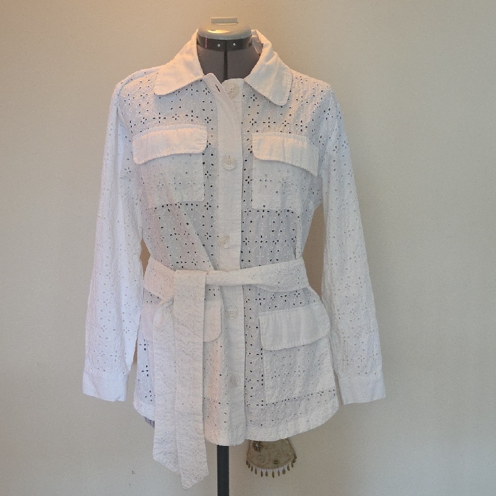 White Eyelet Button-Up Jacket with Belt